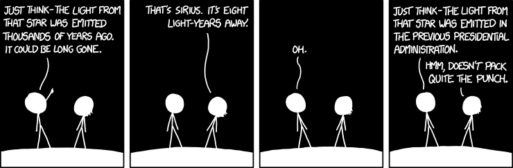 dessin humoristique de xkcd sur le thème des étoiles supposées disparues au moment où on les voit