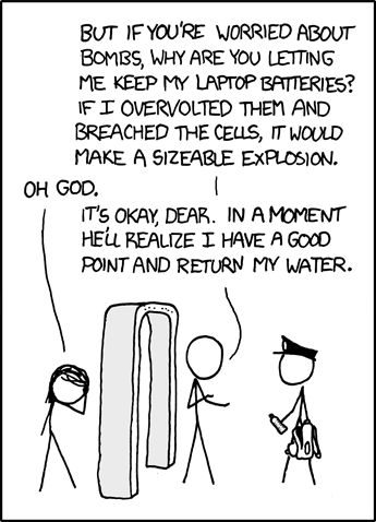 A laptop battery contains roughly the stored energy of a hand grenade, and if shorted it ... hey!  You can't arrest me if I prove your rules inconsistent!