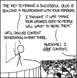 A funny cartoon with a lecturer giving a talk about blogging and receiving blog-like comments shouted back from the floor