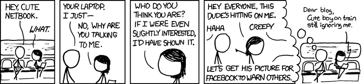 XKCD Cartoon with a guy worried about the cute girl being offended if he says hello.