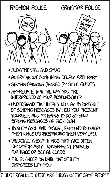 Full, detailed and wonderful description of this complex image is available at https://www.explainxkcd.com/wiki/index.php/1735:_Fashion_Police_and_Grammar_Police