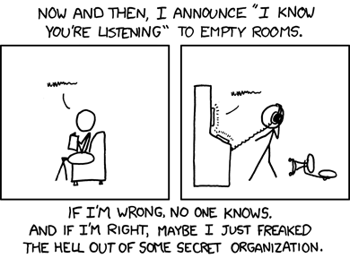 Cartoon: Now and then I announce “I know you’re listening” to empty rooms. If I’m wrong, no one knows. If I’m right, maybe I just freaked the hell out of some secret organization.