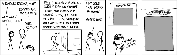 I'm happy with my Kindle 2 so far, but if they cut off the free Wikipedia browsing, I plan to show up drunk on Jeff Bezos's lawn and refuse to leave.