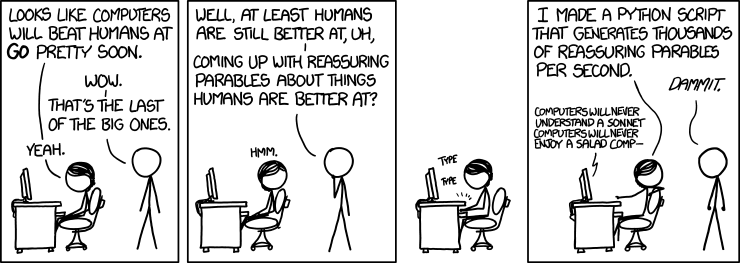 'At least humans are better at quietly amusing ourselves, oblivious to our pending obsolescence' thought the human, as a nearby Dell Inspiron contentedly displayed the same bouncing geometric shape screensaver it had been running for years.