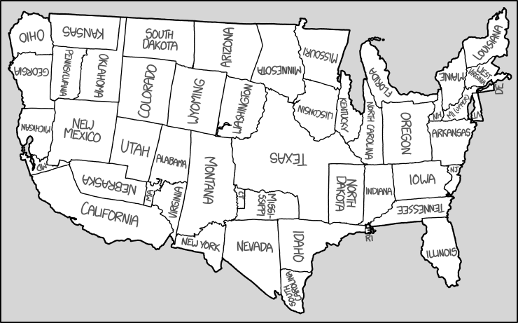 It would be pretty unfair to give to someone a blank version of this map as a 'how many states can you name?' quiz. (If you include Alaska and Hawaii, you should swap the Aleutian Islands with the Hawaiian ones.)