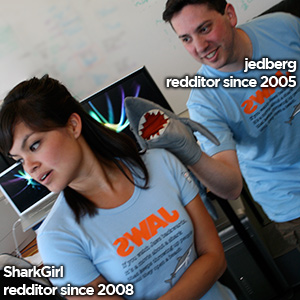SharkGirl and jedberg wearing swaj shirts