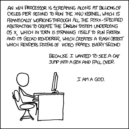 xkcd comic of cueball sitting at a computer. Narration: An x64 processor is screaming along at billions of cycles per second to run the XNU kernel, which is frantically working through all the POSIX-specified abstraction to create the Darwin system underlying OS X, which in turn is straining itself to run Firefox and its Gecko renderer, which creates a Flash object which renders dozens of video frames every secondbecause I wanted to see a cat jump into a box and fall over.I am a god.