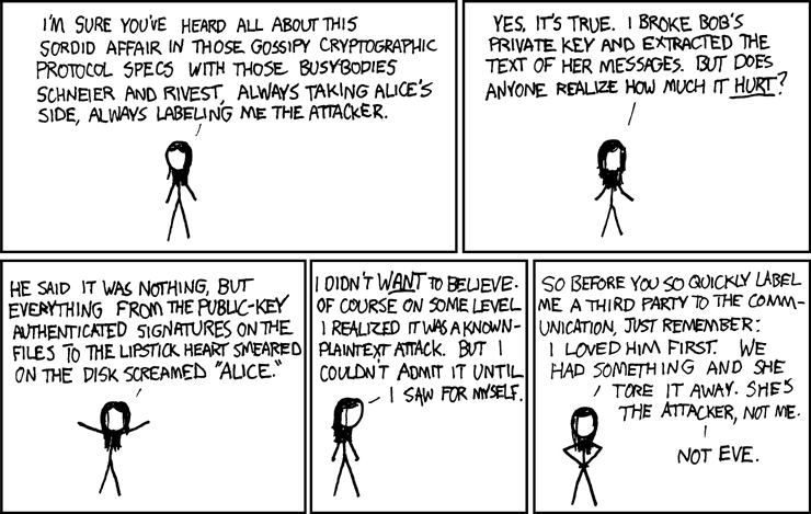 Randall Monroe's Xkcd comic "Alice and Bob." 