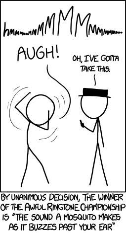 It beat out 'Clock radio alarm', 'B-flat at 194 decibels', 'That noise from Dumb & Dumber', and 'Recording of a sobbing voice begging you to answer'.