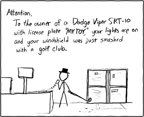 Alt: There's a red convertible outside my building with the license plate 'DADS MNY'.. Transcript: [[Hat guy is holding a golf club and speaking into a P.A. system]]
Hat guy: Attention,
Hat guy: To the owner of a Dodge Viper SRT-10 with license plate "MYTOY", your lights are on and your windshield was just smashed with a golf club.
{{title text: There's a red convertible outside my building with the license plate 'DADS MNY'.}}