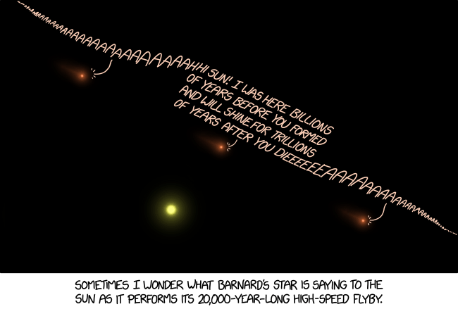 "Ok, team. We have a little under 10,000 years before closest approach to figure out how to destroy Barnard's Star." "Why, does it pose a threat to the Solar System?" "No. It's just an asshole."