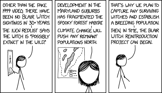 "Are you concerned the witches won't breed in captivity?" "Honestly, we're more concerned that they WILL. We don't know what it involves, but our biologists theorize that it's 'harrowing.'"