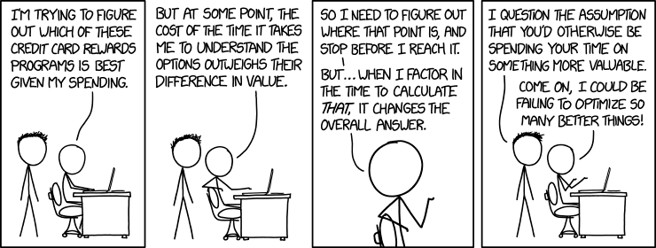 I should make a list of all the things I could be trying to optimize, prioritized by ... well, I guess there are a few different variables I could use. I'll create a spreadsheet ...