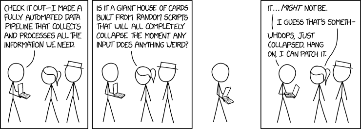 "Is the pipeline literally running from your laptop?" "Don't be silly, my laptop disconnects far too often to host a service we rely on. It's running on my phone."