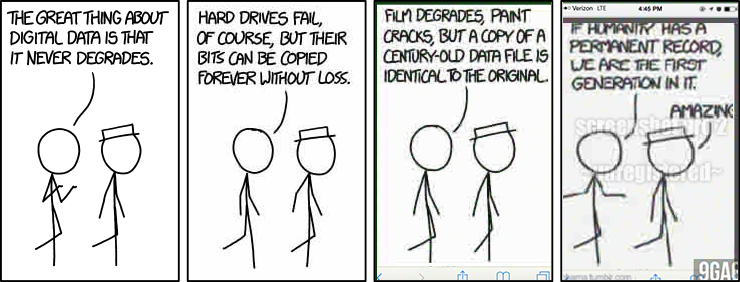 A comic strip that talks about how great digital data is and how it never degrades while have the quality of the image become more degraded in each panel.