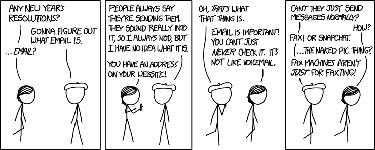 XKCD: Une bande dessinée de nouvel an, où Megan demande à Béret Guy s'il a des résolutions du nouvel an, et même si cela est juste avant le nouvel an 2015, sa résolution est de savoir quel courriel !