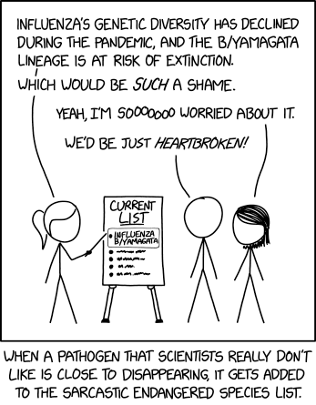 Ponytail stands facing Cueball and Megan in front of a poster board.
Ponytail is pointing a stick to the board reading "Current List" with bullet points beneath. The first bullet reads Influenza B/Yamagata. Four further bulletpoints follow, which are left indistinct. Ponytail says: "Influenza's genetic diversity has declined druing the pandemic, and the B/Yamagata lineage is at risk of extinction. Which would be such a shame." Megan says: "Yeah, I'm sooooooo worried about it." Cueball says: "We'd be just heartbroken!" Caption: "When a pathogen that scientists really don't like is close to disappearing, it gets added to the sarcastic endangered species list."