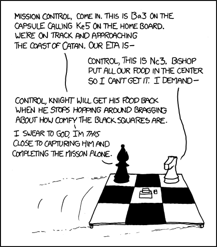 We're going to have to work together to get over our hangups if we're going to learn to move on Catan's hexagonal grid. It's bad enough that we lost our crew of pawns when we passed within firing range of Battleship.