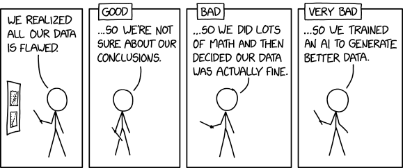 XKCD 2494: "We realized all our data is flawed.  Good: ...so we're not sure about our conclusions.  Bad: ...so we did lots of math and then decided our data was actually fine.  Very bad: ...so we trained an AI to generate better data." 