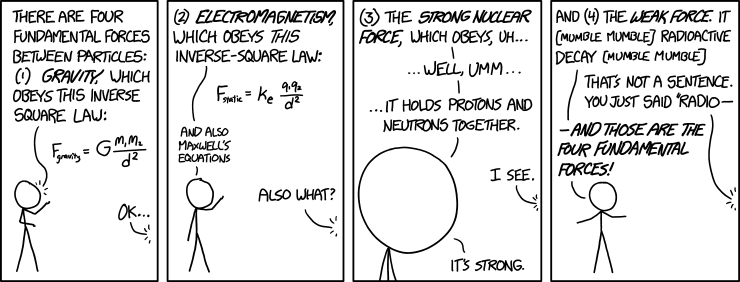 "Of these four forces, there's one we don't really understand." "Is it the weak force or the strong--" "It's gravity."