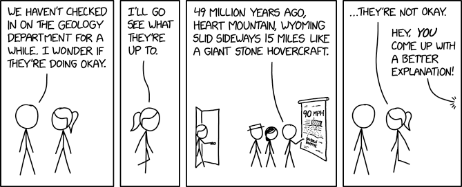 Even geology papers about Heart Mountain are like, "Look, we all agree this 'volcanic gas earthquake hovercraft' thing seems like it can't possibly be right, but..." Even geology papers about Heart Mountain are like, "Look, we all agree this 'volcanic gas earthquake hovercraft' thing seems like it can't possibly be right, but..."