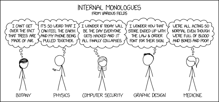 Comic strip from XKCD demonstrating how varied the inner monologues are of people from different fields of study.