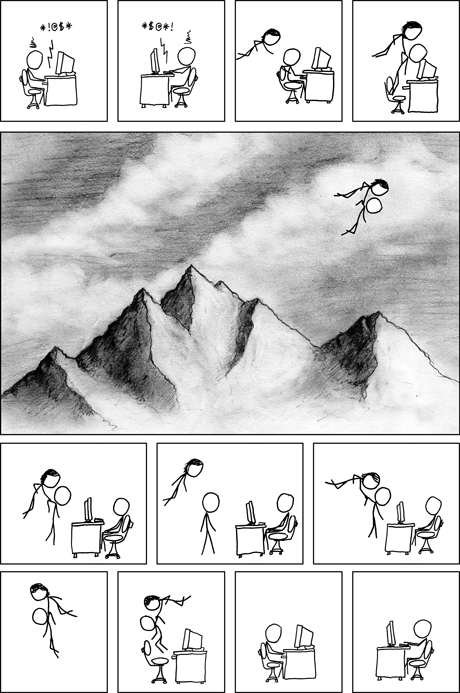 Comic where two people argue into computers. Then a flying creature picks up one of the people, carries them over mountains to where the other person is in front of their computer, and carries the person back to where they were. Then the two people type without argument.