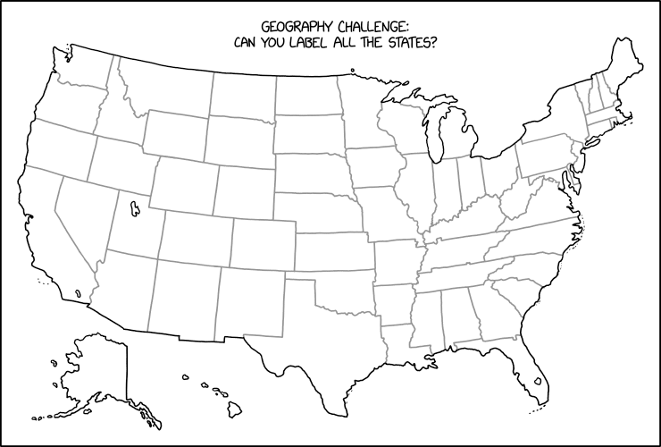 Even with a blank map, a lot of people can only name 45-50 of the 64 states.