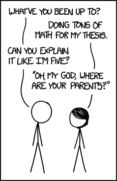 'Am I taking care of you? I have a thesis to write!' 'My parents are at their house; you visited last--' 'No, no, explain like you're five.'