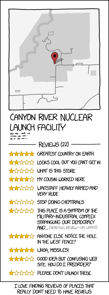 Google and Yelp keep deleting my scathing reviews of the Mariana Trench, the Chernobyl reactor core, the jet stream, and the equator.