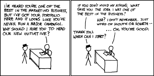 Comic depicting a job interview for a marketing professional