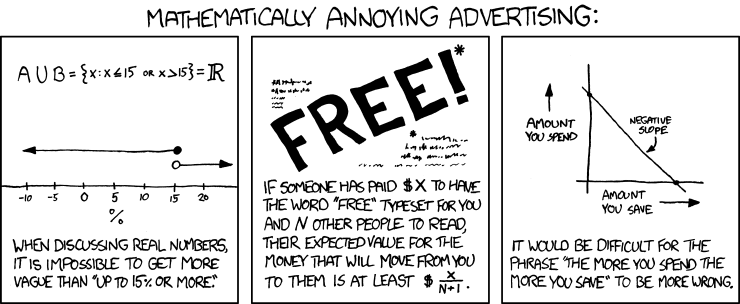 I remember the exact moment in my childhood when I realized, while reading a flyer, that nobody would ever spend money solely to tell me they wanted to give me something for nothing. It's a much more vivid memory than the (related) parental Santa talk.