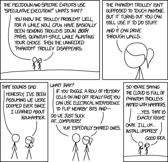 XKCD explains that the vulnerability from Meltdown and Spectre comes from how your CPU guesses you'll do things next.