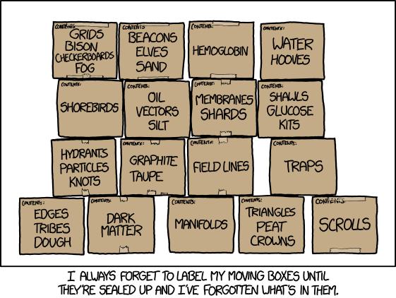 Later, when I remember that I'm calling movers, I frantically scribble over the labels and write 'NORMAL HOUSE STUFF' on all of them, which actually makes things worse.