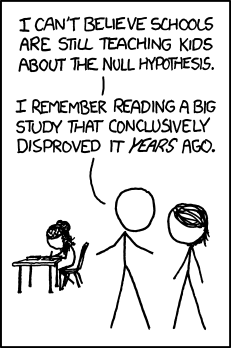 A comic shows two stick figures talking. One says, *I cant believe schools are still teaching kids about the null hypothesis.* The second figure responds, *I remember reading a big study that conclusively disproved it years ago.* In the background, a child sits at a desk, appearing to work on something.