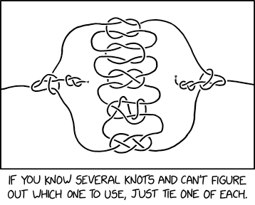 The Gordian knot is an omniknot tied using every bend in the Ashley Book of Knots, and then for extra security the upper rope at every crossing is connected to the lower with a randomly-chosen hitch.