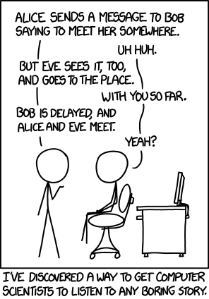 A boring story gets dramatic by using the cryptographic characters of Alice, Bob, and Eve in this XKCD comic. 