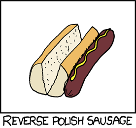 xkcd 645: a hot dog sitting next to a hot dog bun, captioned “Reverse Polish Sausage”.