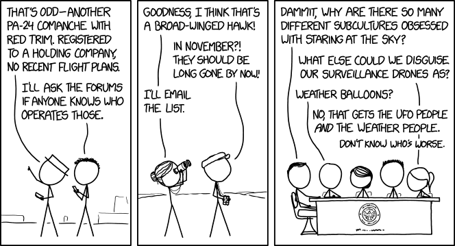 Where I live, one of the most common categories of sky object without a weird obsessive spotting community is "lost birthday party balloons," so that might be a good choice—although you risk angering the marine wildlife people, and they have sharks.