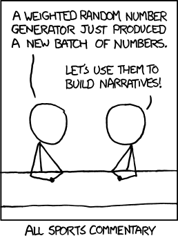 All sports commentary: A weighted random number generator just produced a new batch of numbers. Let's use them to build narratives!