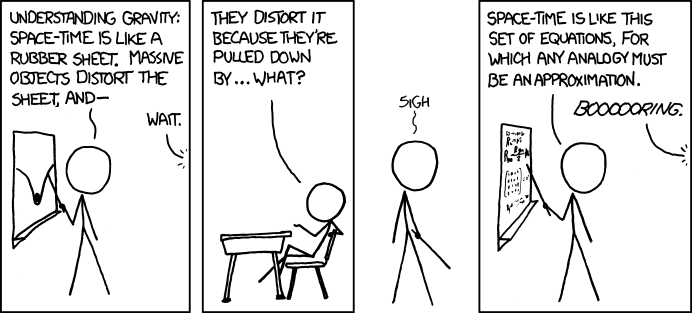 Space-time is like some simple and familiar system which is both intuitively understandable and precisely analogous, and if I were Richard Feynman I'd be able to come up with it.