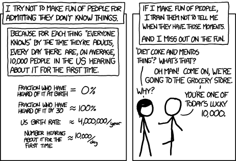 XKCD webcomic showing someone learning what happens when mentos are put in diet coke for the first time. The comic makes it clear this person should not be shamed but, instead, greeted with love.