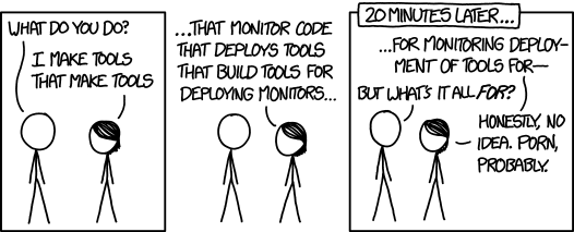 XKCD comic about creating tools on tools and not being sure what your doing anymore