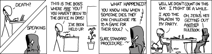 writing-prompt-s:  grotty-boi:  thequantumwritings:  thequantumqueer:  lovelyada:  dovewithscales:  studioprey:  writing-prompt-s: Death offers a game for your life. You decide on D&D. “I assume you’ve never played?” I asked.The cloaked figure