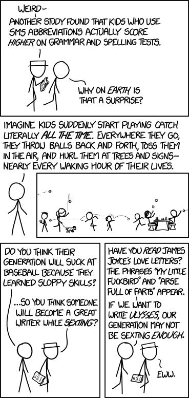 I'd like to find a corpus of writing from children in a non-self-selected sample (e.g. handwritten letters to the president from everyone in the same teacher's 7th grade class every year)--and score the kids today versus the kids 20 years ago on various objective measures of writing quality. I've heard the idea that exposure to all this amateur peer practice is hurting us, but I'd bet on the generation that conducts the bulk of their social lives via the written word over the generation that occasionally wrote book reports and letters to grandma once a year, any day.